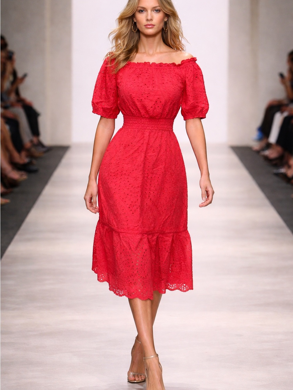 Betsey Johnson XS Pink Eyelet Off Shoulder Smocked Waist Tiered Midi Dress $119